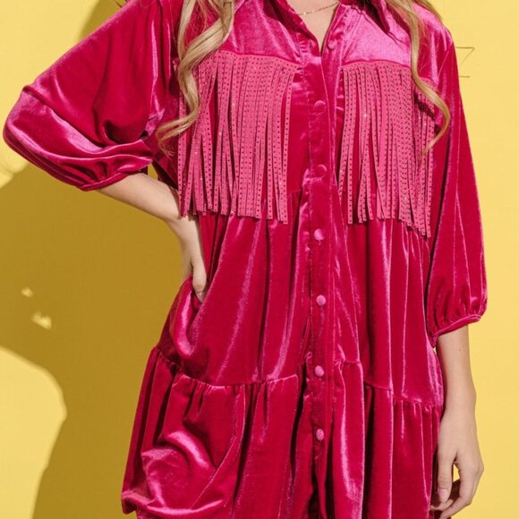 And The Why Fringe Detailed Velvet Shirt Dress Tunic Top New - Picture 6 of 9